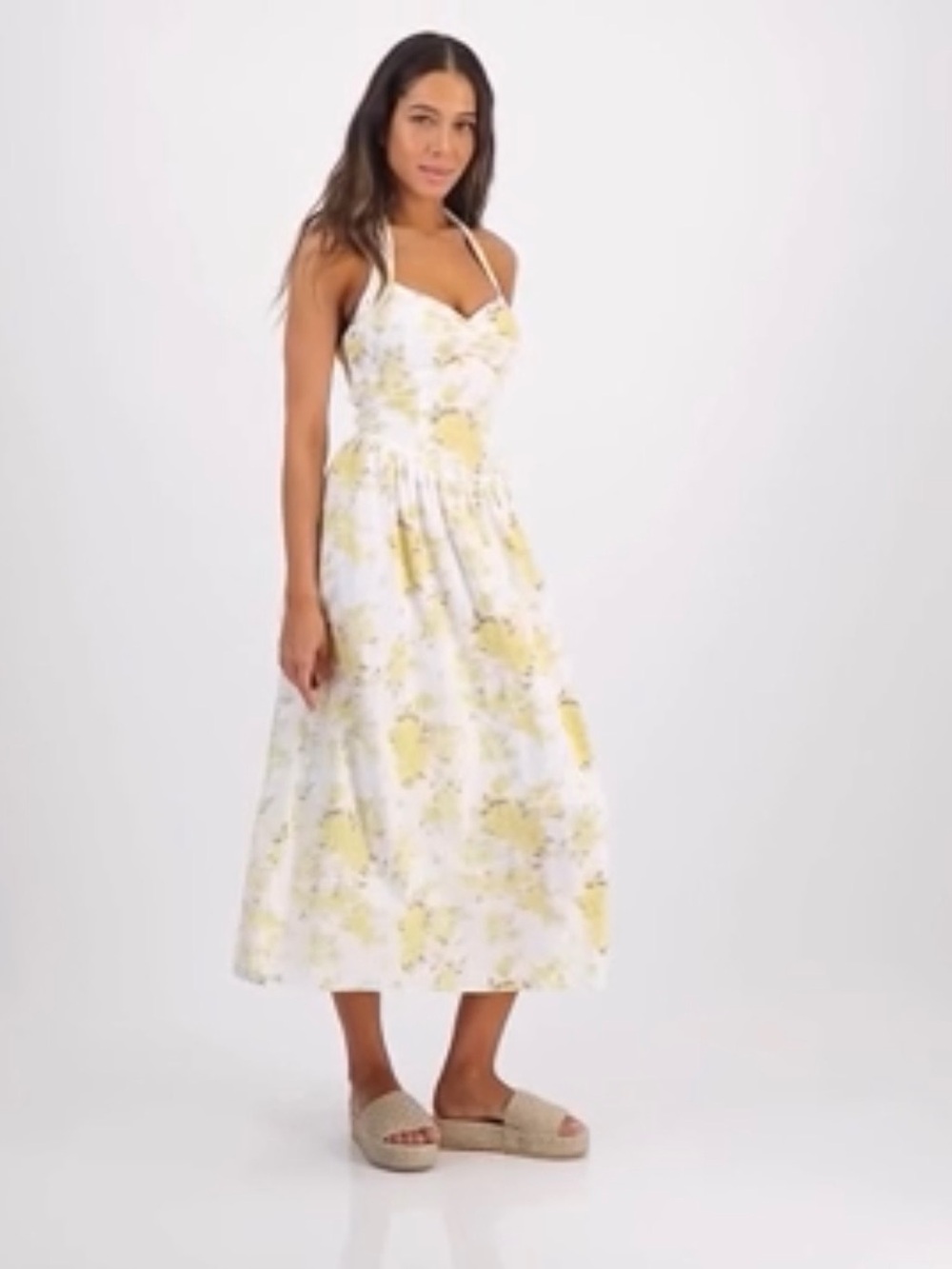 And Now This Women's White & Yellow Floral Halter Midi Dress